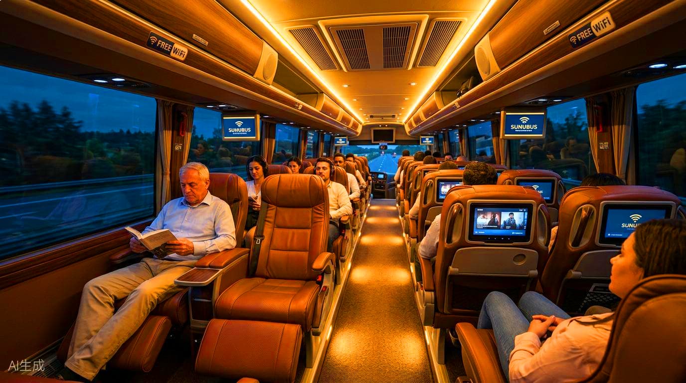 Intérieur réel d'un car SUNUBUS avec sièges en cuir, WiFi gratuit et écrans individuels