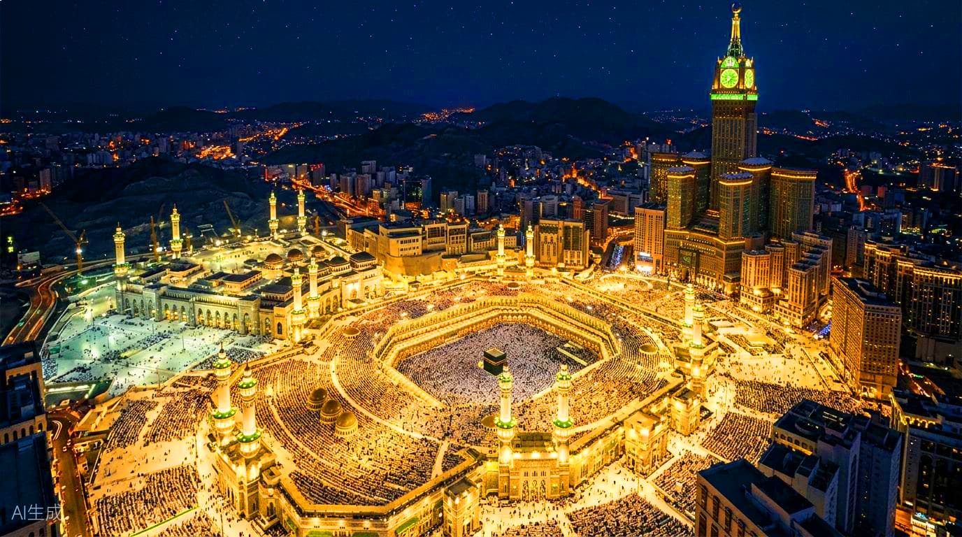 Vue aérienne nocturne de La Mecque - Kaaba, minarets et horloge illuminés pendant le Hajj