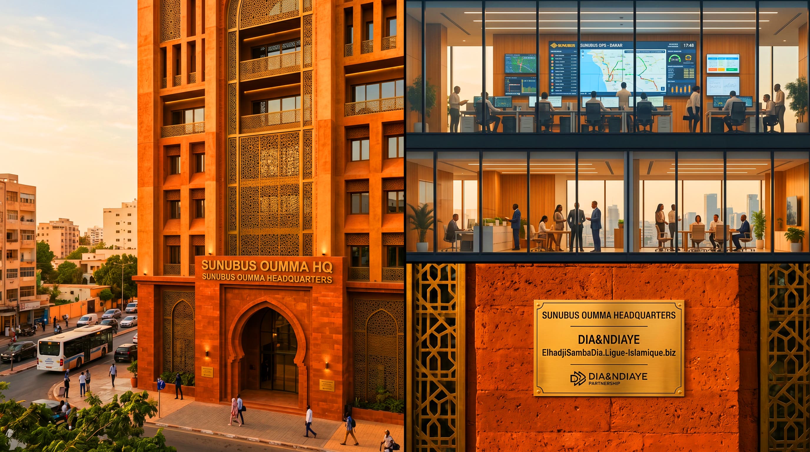 Siège social SUNUBUS OUMMA HQ - façade terracotta avec plaque dorée DIA & NDIAYE