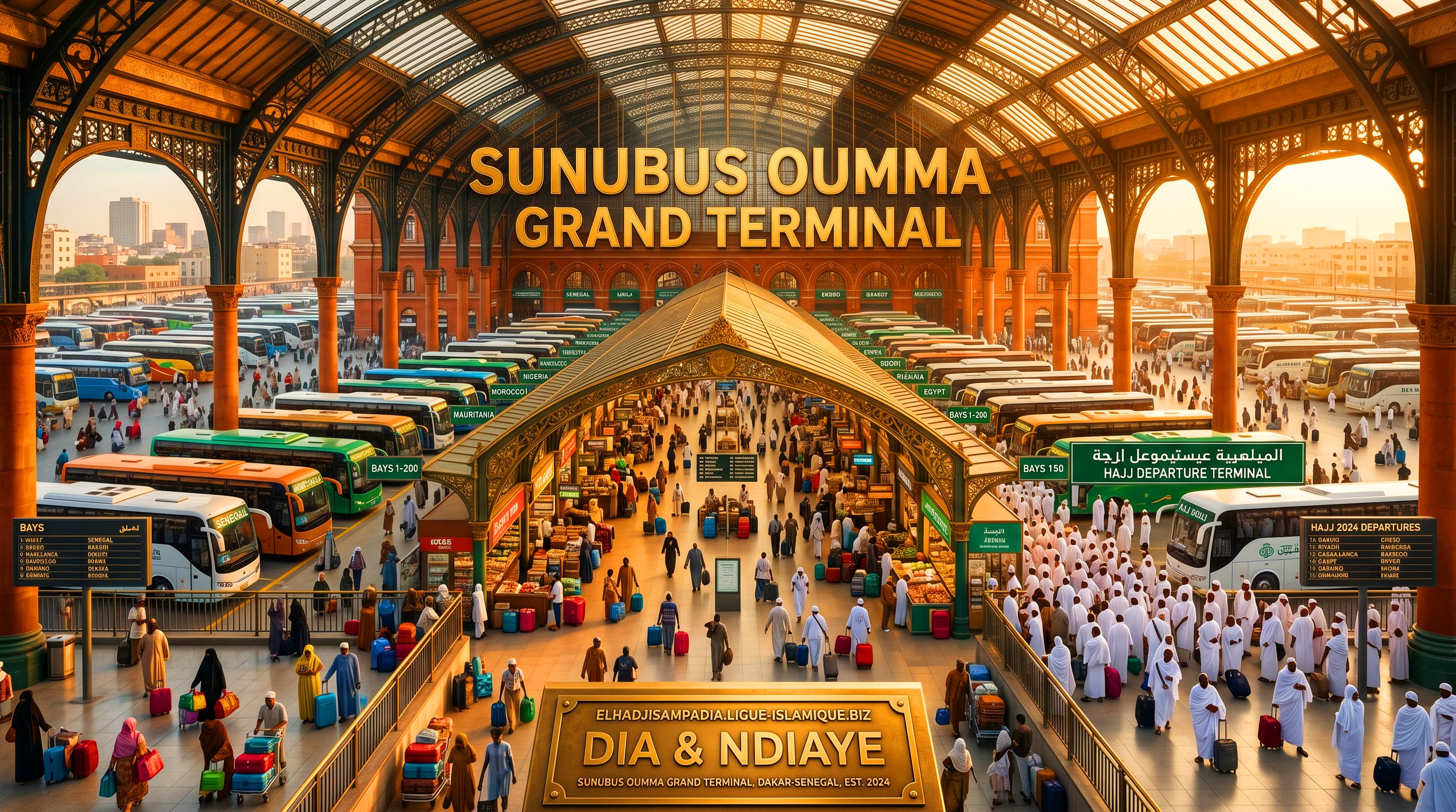 Grand Terminal SUNUBUS OUMMA - Hajj Departure Terminal avec pèlerins en Ihram