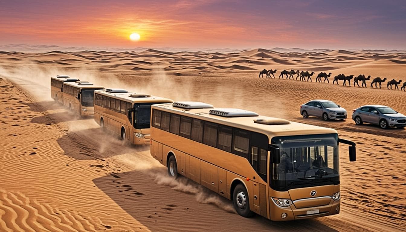 Flotte de 2000 cars SUNUBUS traversant le Sahara